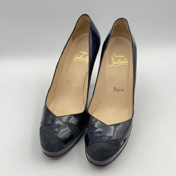 Christian Louboutin Vero Cuoio Leather Black CrissCross Toe Suede Covered 38.5